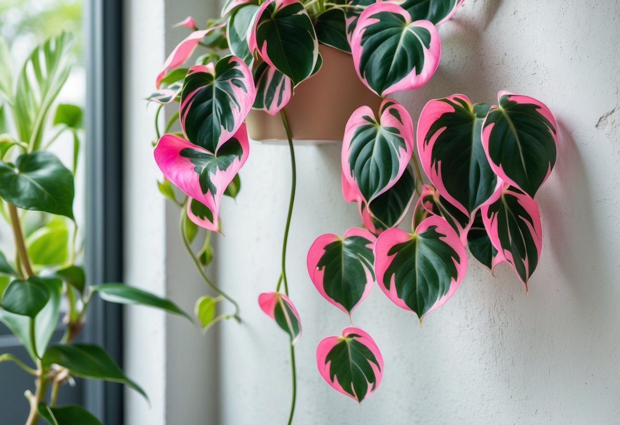 Planta Filodendro Pink Princess subindo em uma parede branca dentro de um ambiente interno.