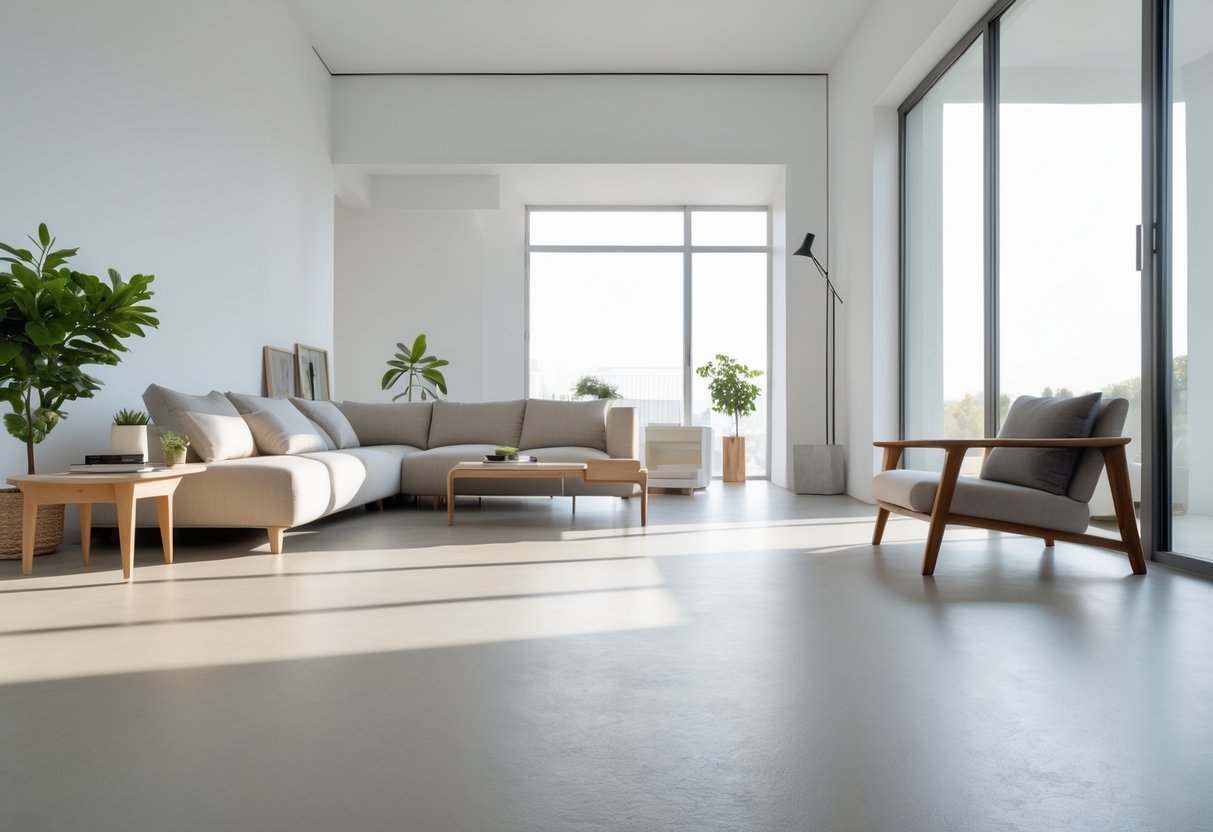 Sala de estar moderna com piso de cimento queimado liso e polido, móveis contemporâneos e luz natural entrando pelas janelas grandes.