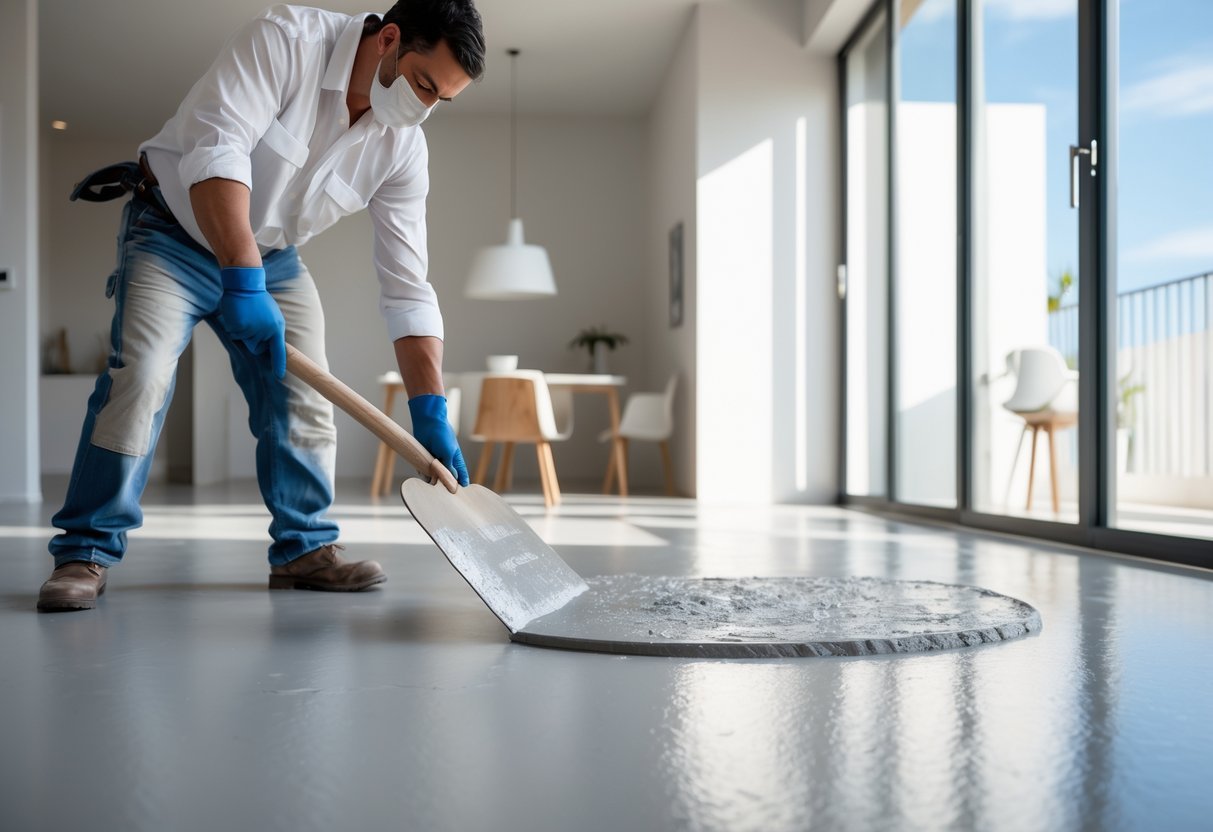 Pessoa aplicando cimento queimado pronto no chão de uma sala com luz natural.