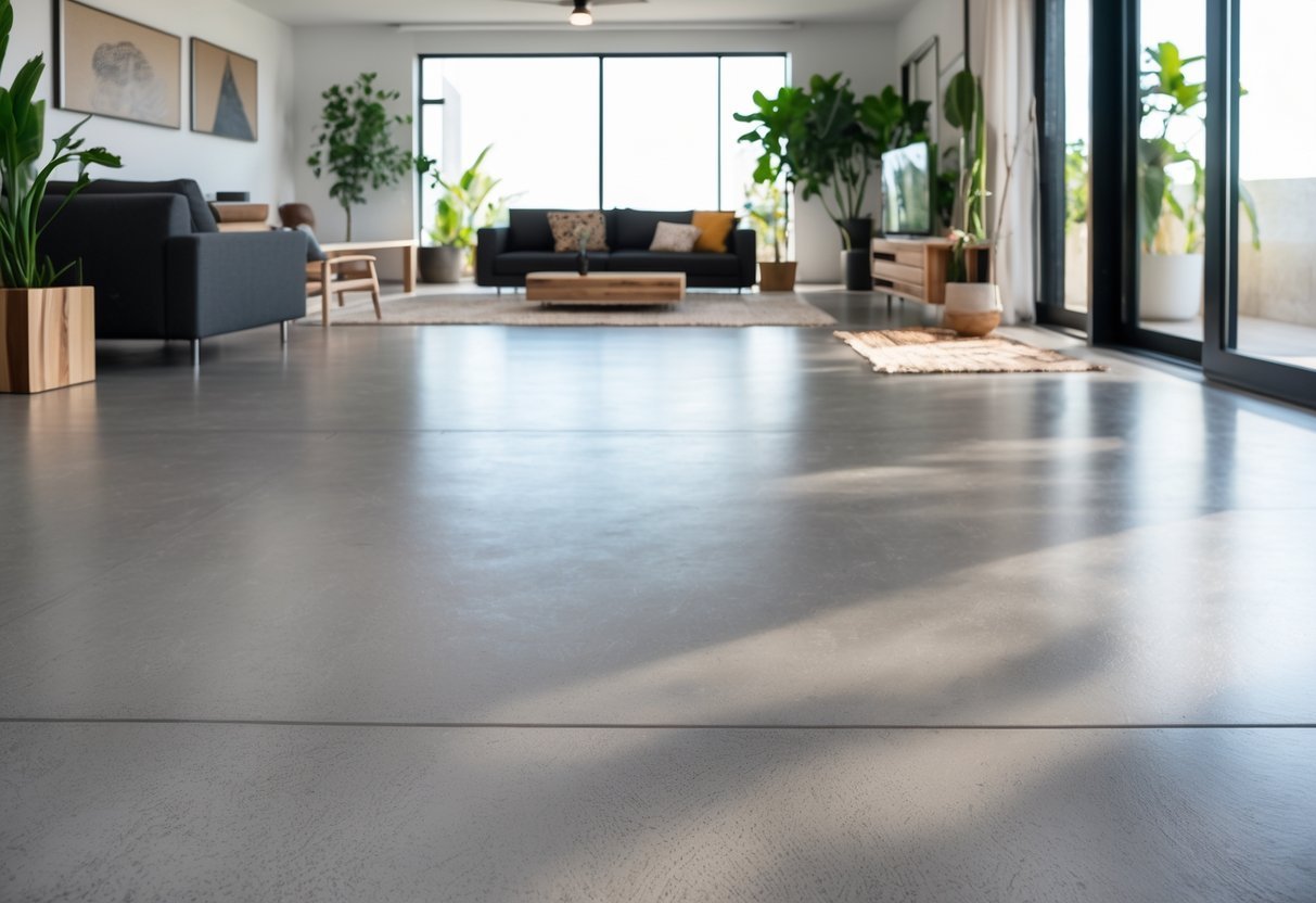 Sala de estar moderna com piso de cimento queimado pronto, sofá, mesa de centro e plantas, iluminada por luz natural.