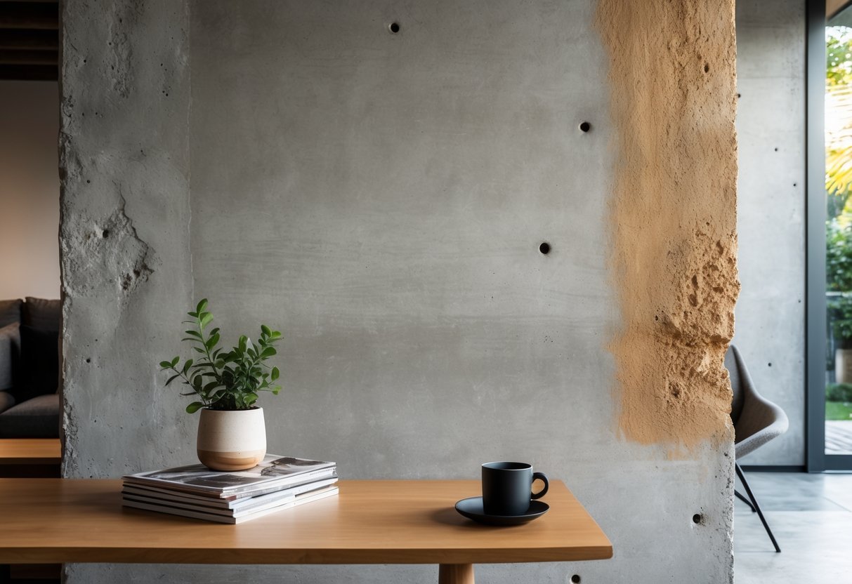 Parede de cimento queimado em ambiente interno moderno com mesa de madeira e planta decorativa.