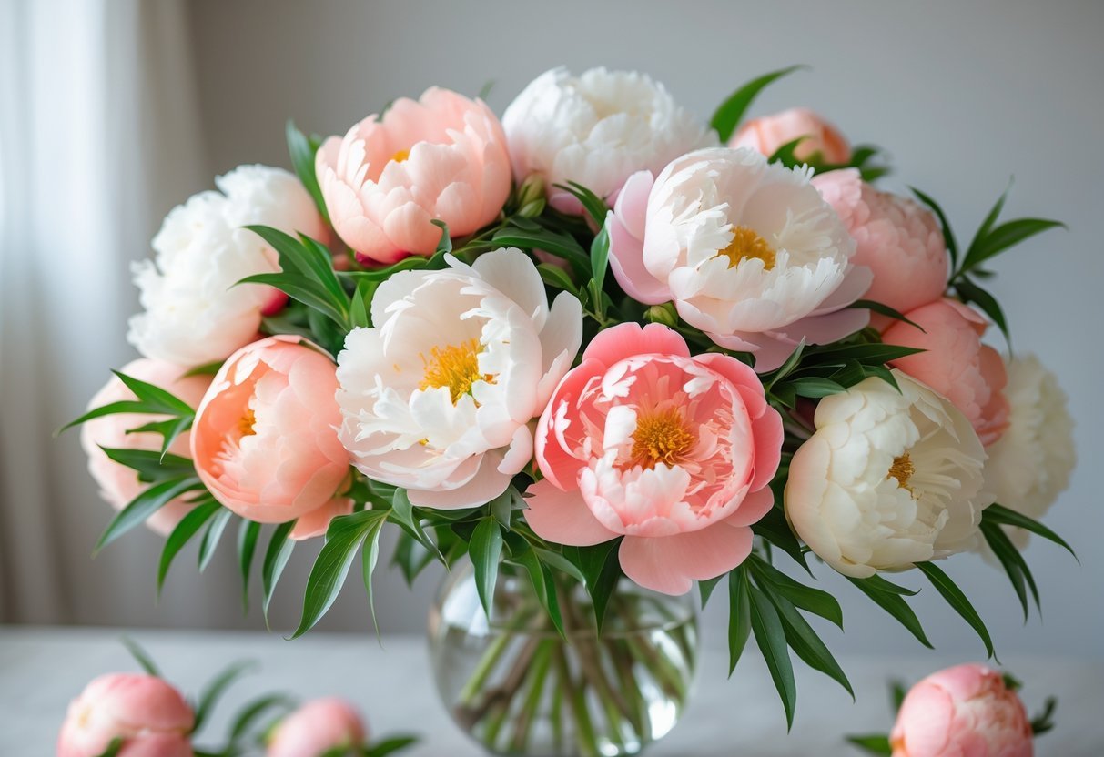 Um buquê de peônias coloridas em um vaso de vidro transparente sobre uma superfície clara.