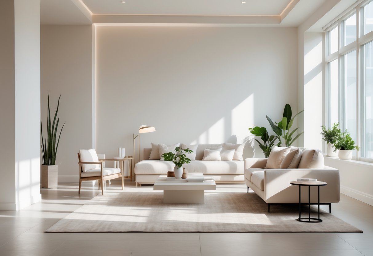 Ambiente interno elegante com paredes em tom off-white, móveis neutros e luz natural entrando pelas janelas.