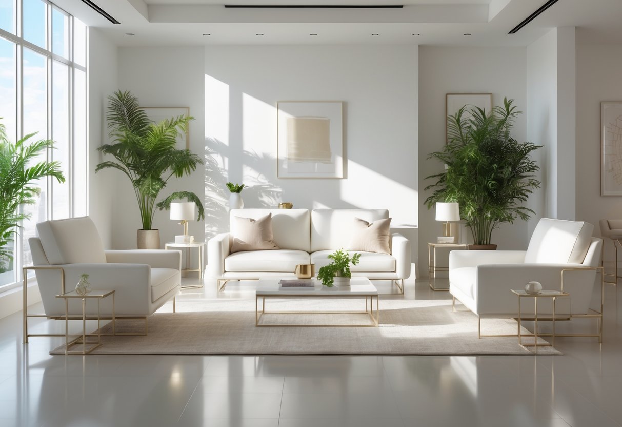 Sala de estar moderna com móveis branco perolado, luz natural entrando pelas janelas e plantas decorativas.