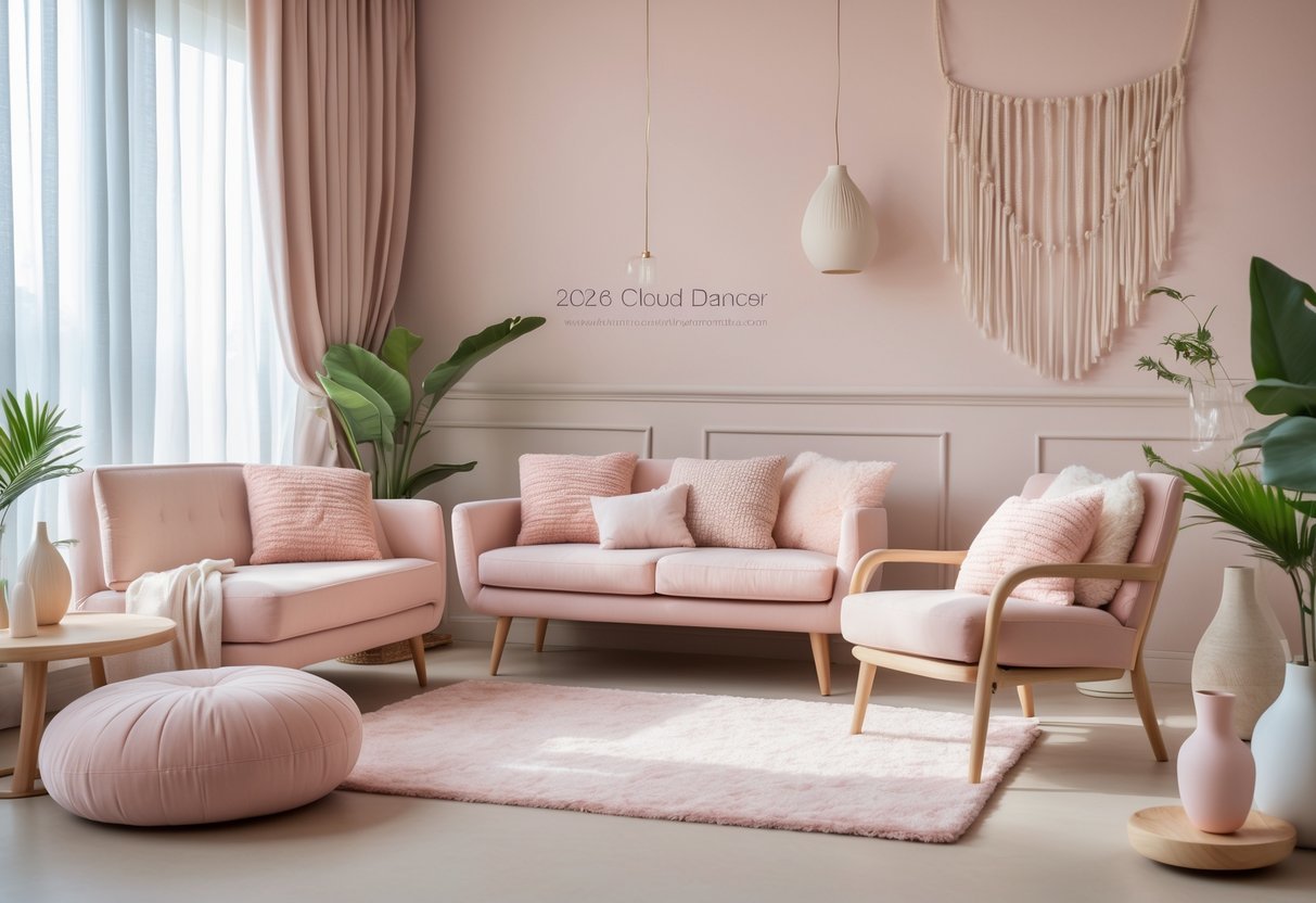 Sala de estar moderna e acolhedora com móveis em tons claros e pastéis, iluminação natural suave e elementos decorativos delicados.