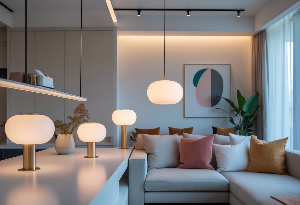 Ambiente interno com luminárias minimalistas destacando a cor do ano em objetos de decoração, como almofadas e vasos, em uma sala aconchegante.