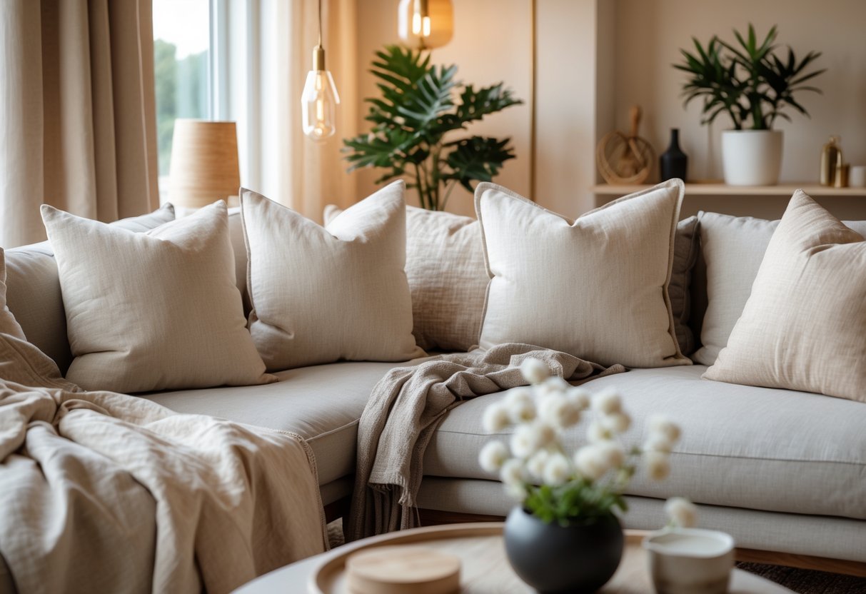 Sala de estar elegante com almofadas e mantas de linho e algodão em tons quentes, iluminada por luz natural.