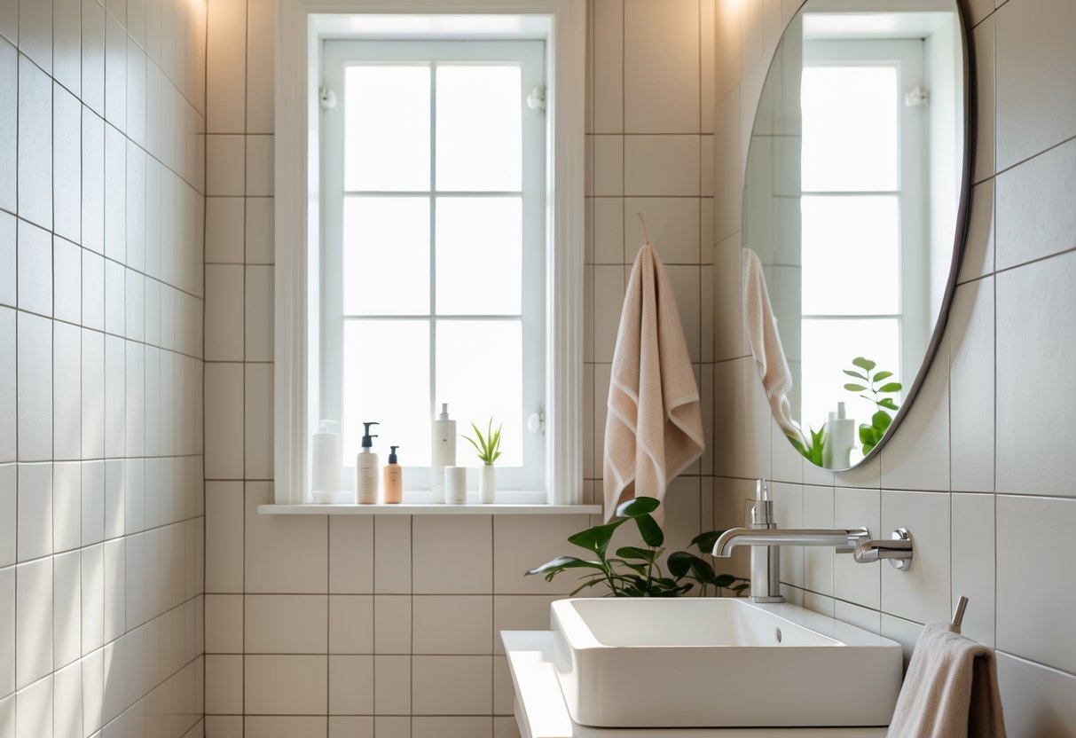 Banheiro com azulejos brancos foscos nas paredes, pia branca com torneira moderna e planta pequena sobre a bancada.