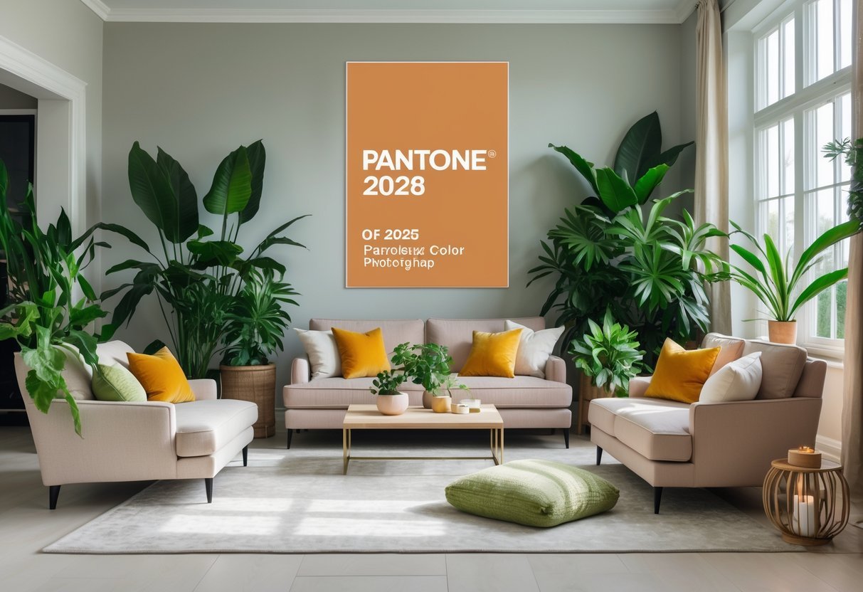 Sala de estar moderna com móveis elegantes, plantas verdes e decoração em tons suaves inspirados na cor Pantone de 2026.