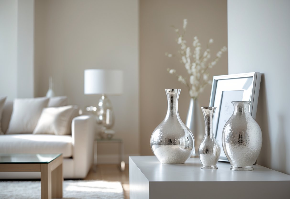 Ambiente interno com acessórios metálicos prateados sobre móveis claros, criando uma decoração elegante e harmoniosa.