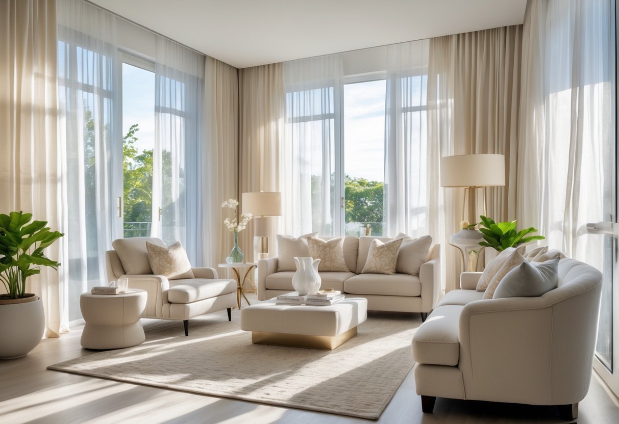 Sala de estar iluminada naturalmente com cortinas translúcidas e decoração moderna em tons suaves e detalhes na cor Pantone de 2026.