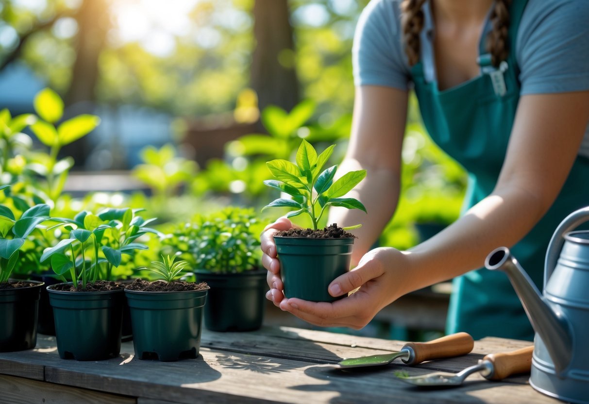 Pessoa segurando uma planta nativa em vaso pequena, cercada por outras plantas em um jardim iluminado pelo sol.