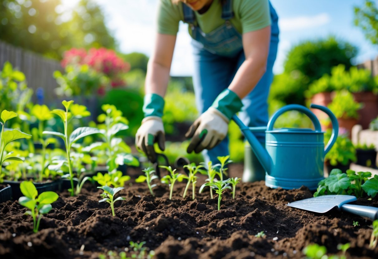 Pessoa cuidando de plantas em solo fértil e bem drenado em um jardim ao ar livre.