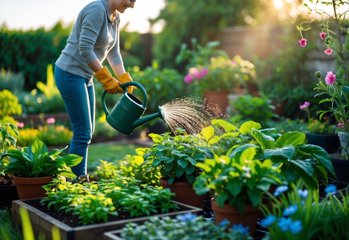 Pessoa regando plantas em um jardim durante a manhã com luz suave e plantas verdes ao redor.