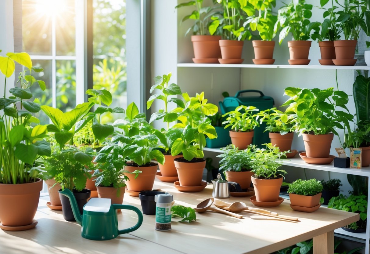 Vários vasos com plantas verdes organizados em prateleiras e mesa perto de uma janela iluminada, com ferramentas de jardinagem ao redor.