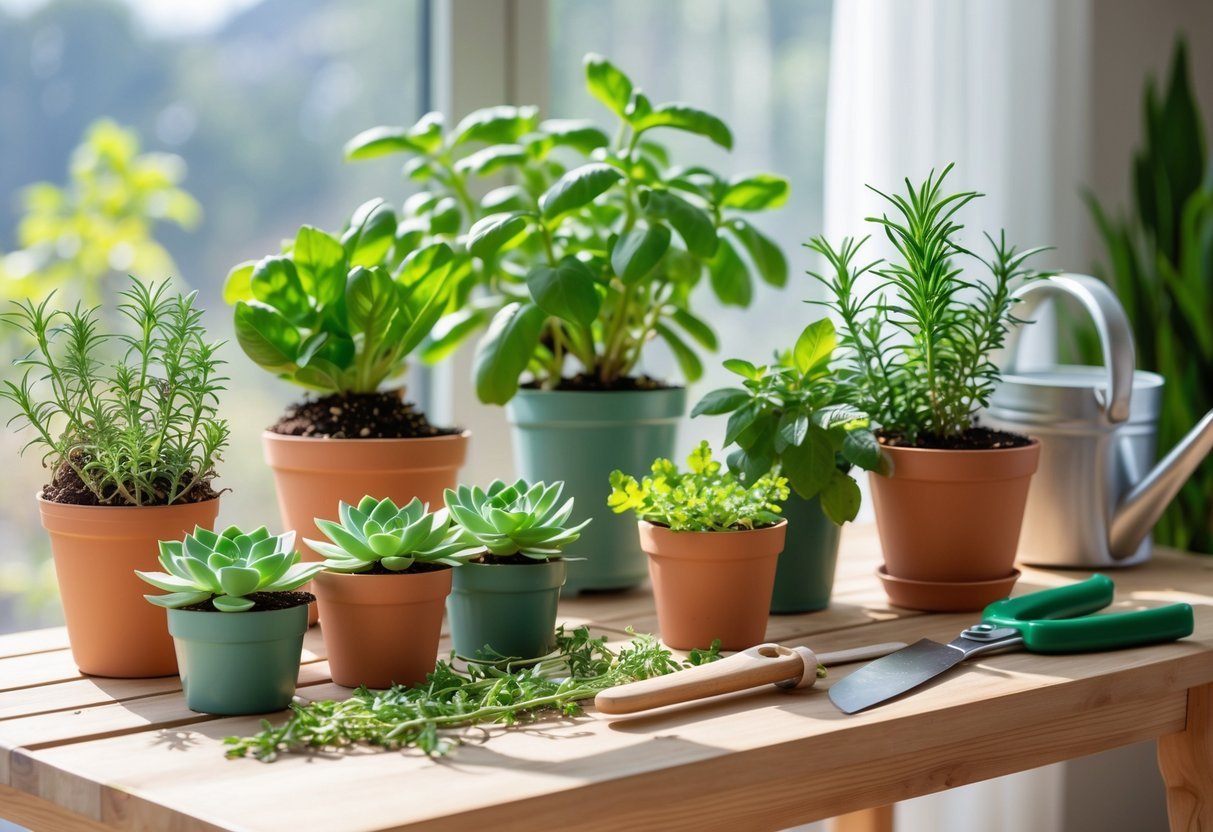Mesa com vasos de suculentas e ervas frescas em ambiente interno iluminado, com ferramentas de jardinagem ao lado.