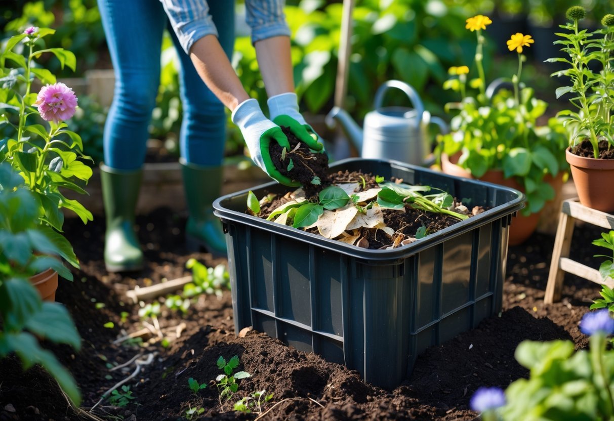 Pessoa adicionando restos orgânicos a uma composteira caseira em um jardim ensolarado, cercada por plantas verdes e ferramentas de jardinagem.