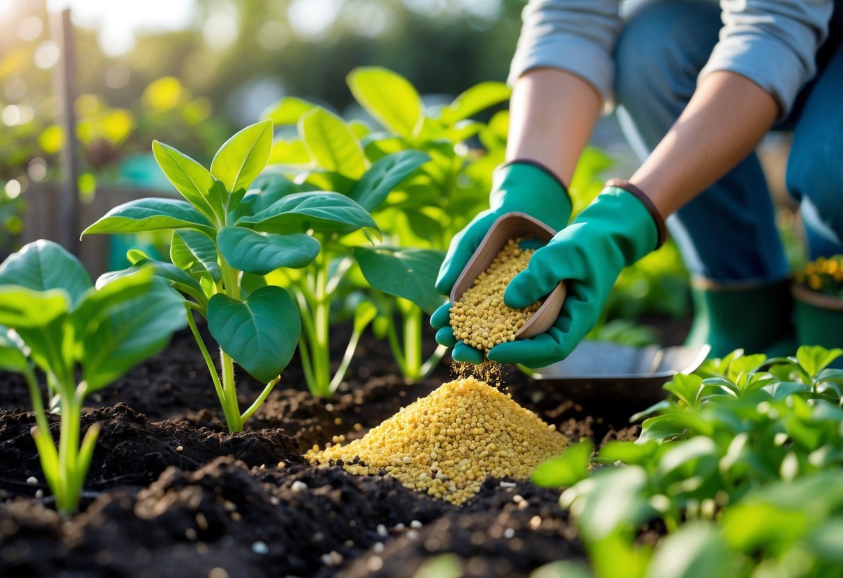 Mãos aplicando adubo orgânico em plantas verdes saudáveis em um canteiro de jardim bem cuidado.