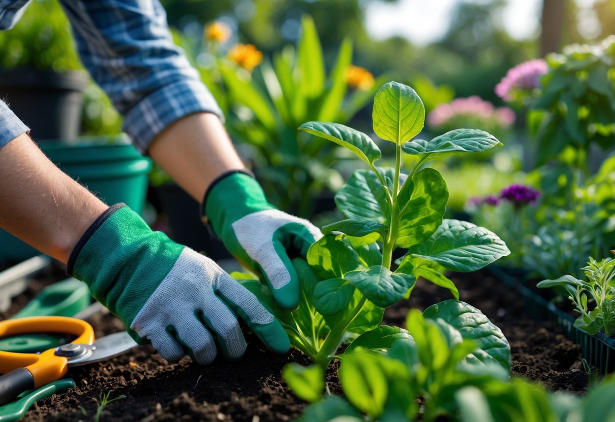 Pessoa inspecionando folhas de plantas em um jardim para monitorar pragas.