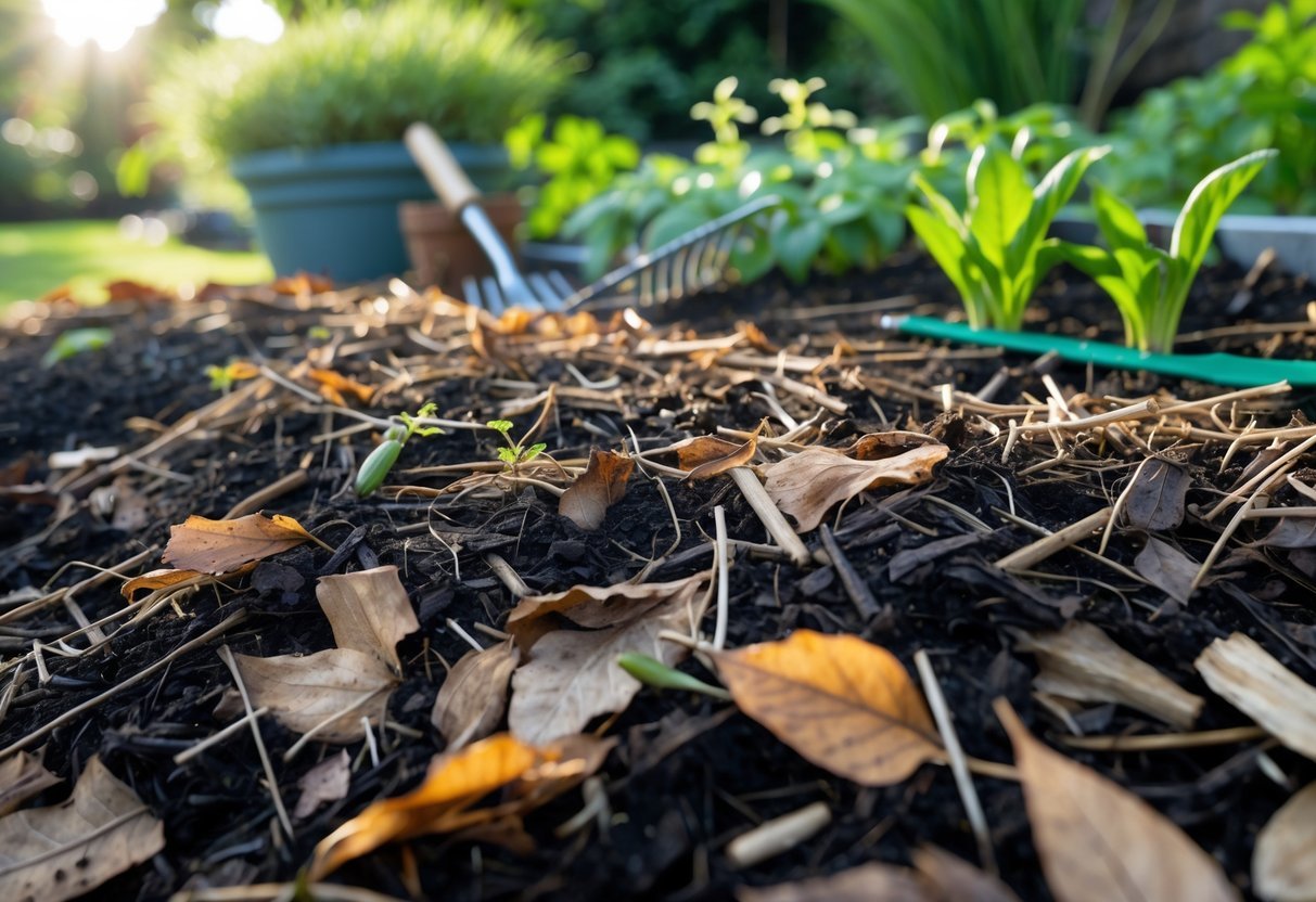 Canteiro de jardim com cobertura de folhas secas e palha sobre o solo úmido, com plantas jovens ao fundo e ferramentas de jardinagem ao lado.