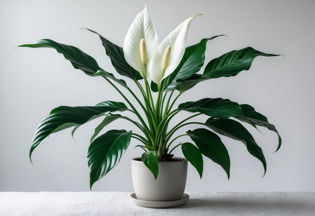 Uma planta lírio-da-paz com folhas verdes brilhantes e flores brancas em um vaso simples sobre um fundo neutro.