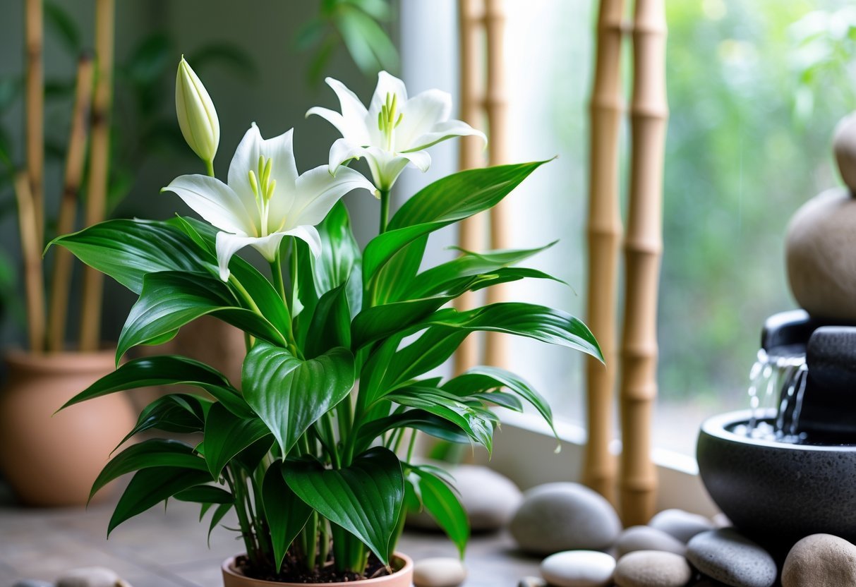 Um lírio-da-paz com folhas verdes e flores brancas em um ambiente interno tranquilo com elementos de Feng Shui ao redor.