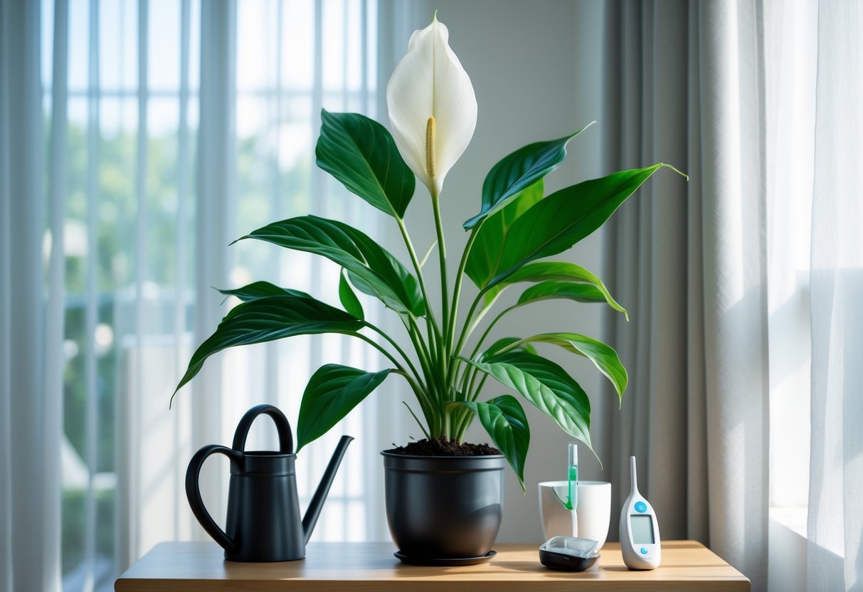 Uma planta lírio-da-paz saudável com folhas verdes e flor branca, posicionada perto de uma janela com luz natural suave, ao lado de um regador e um medidor de umidade sobre uma mesa de madeira.