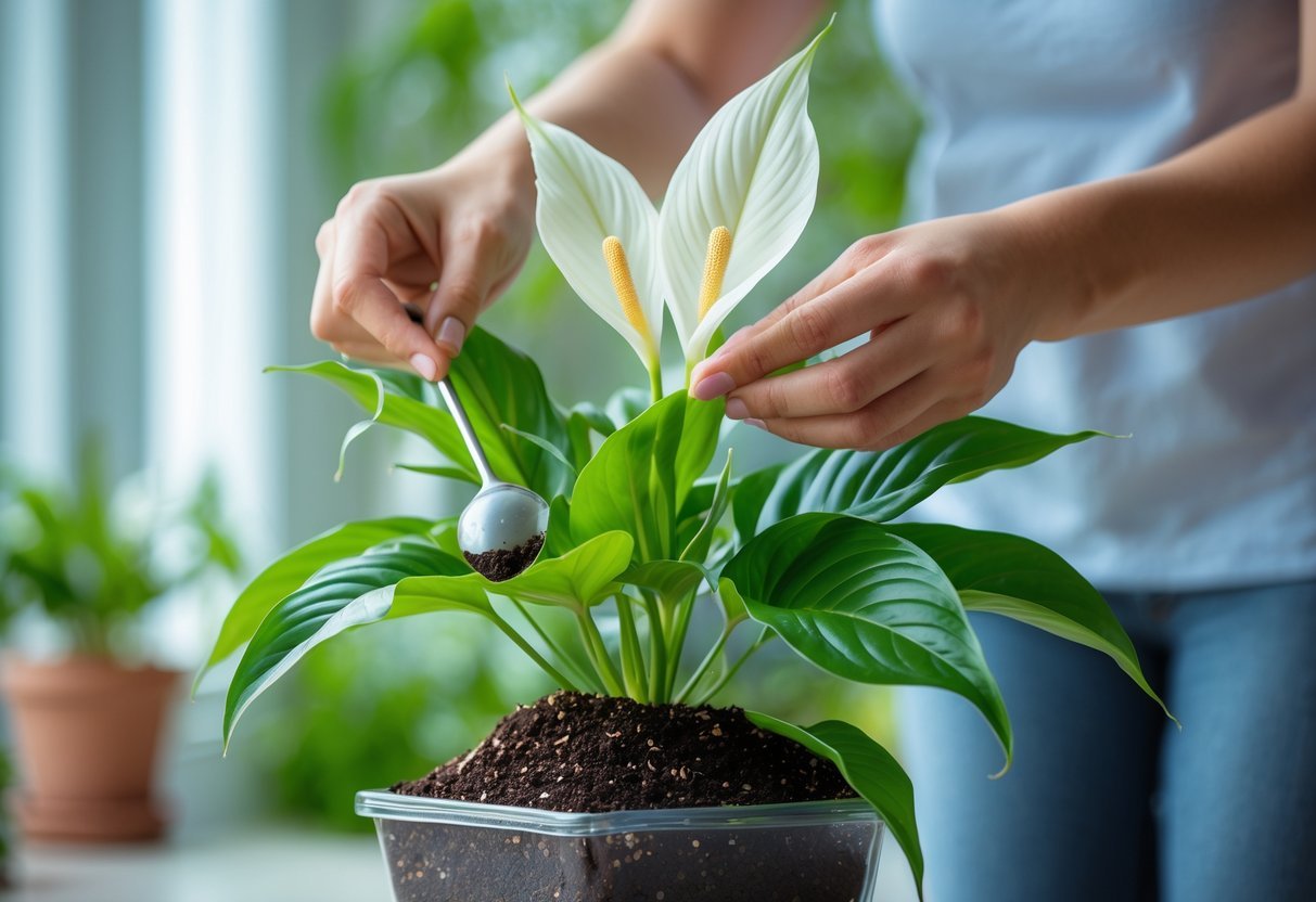 Mãos aplicando fertilizante em um lírio da paz saudável com folhas verdes e flores brancas em ambiente interno iluminado.