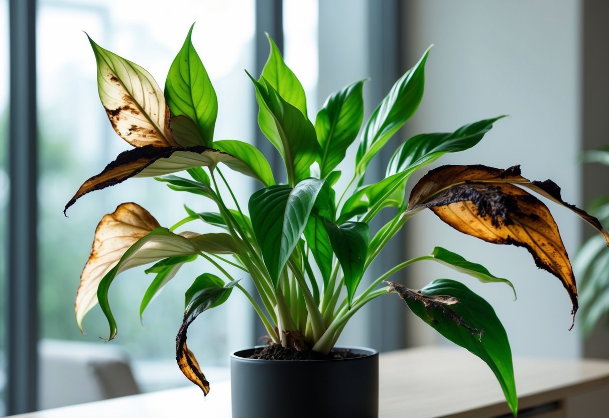 Planta lírio da paz com folhas murchas e queimadas em ambiente interno.