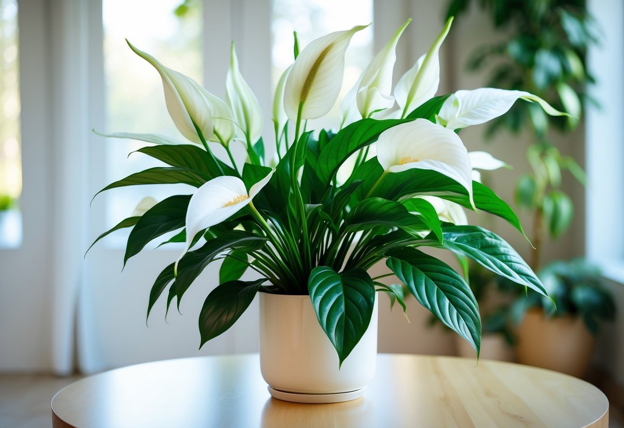Um lírio da paz branco e saudável com folhas verdes brilhantes em uma mesa de madeira clara perto de uma janela com luz natural.