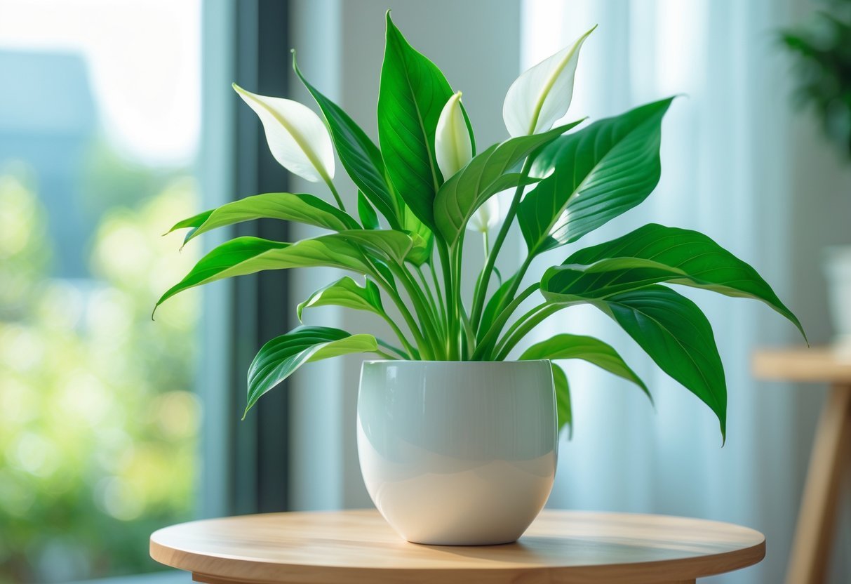 Planta lírio-da-paz saudável com folhas verdes e flores brancas em vaso branco sobre mesa de madeira perto de janela com luz natural.