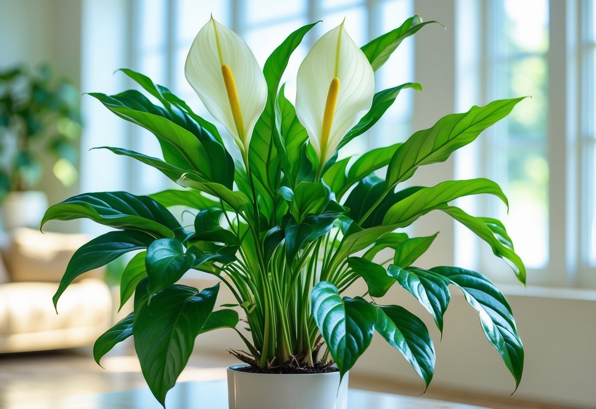 Planta lírio da paz com folhas verdes e flores brancas em um ambiente interno bem iluminado.
