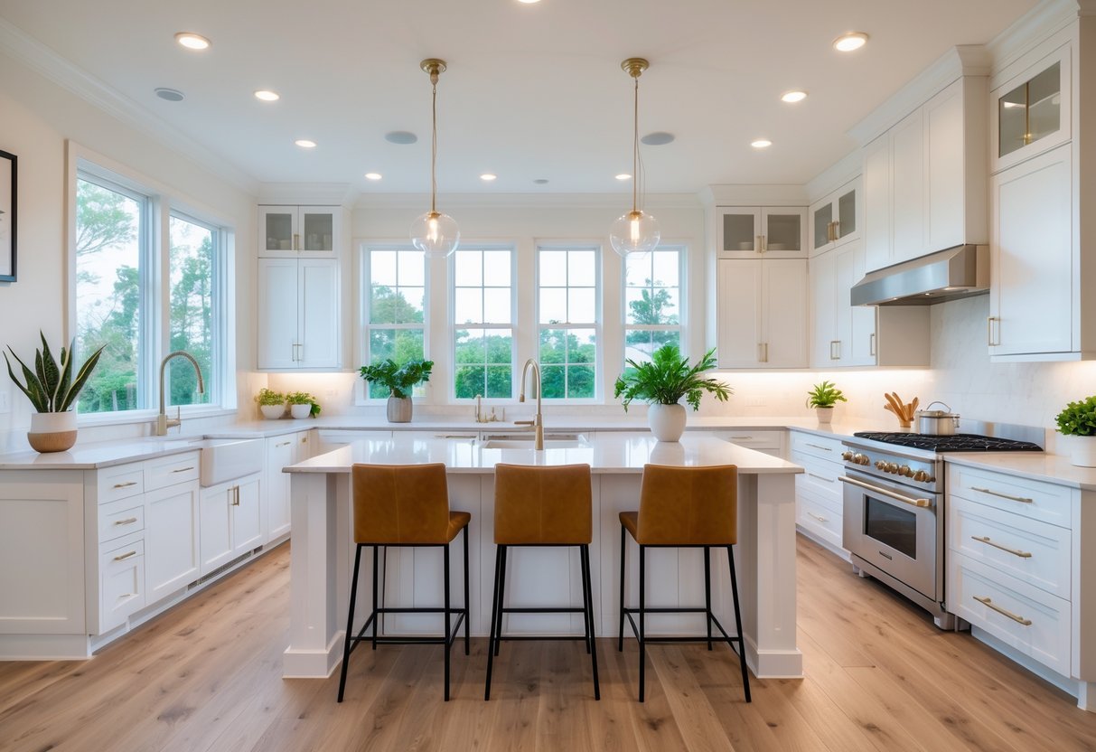 Cozinha americana moderna com ilha central, cadeiras altas e integração com a sala de estar iluminada pela luz natural.