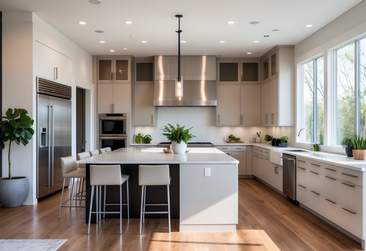 Cozinha americana moderna com ilha central, cadeiras, eletrodomésticos de aço inox e iluminação natural.