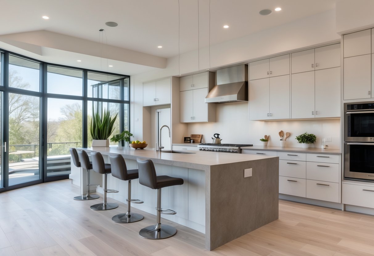 Cozinha americana moderna com ilha central, cadeiras altas, bancada espaçosa, eletrodomésticos embutidos e iluminação natural.