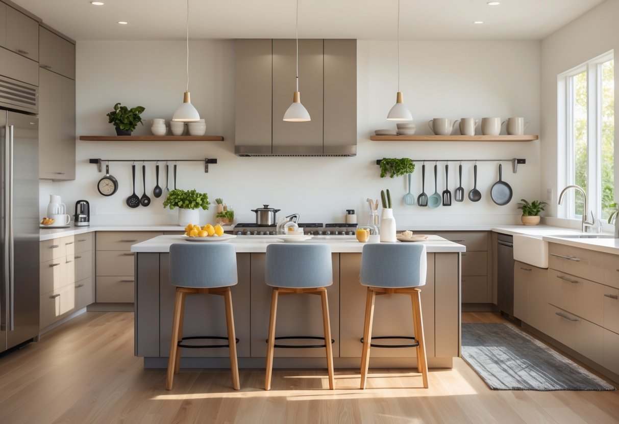 Cozinha americana moderna com ilha central, banquetas, armários, eletrodomésticos de inox e utensílios de cozinha organizados.