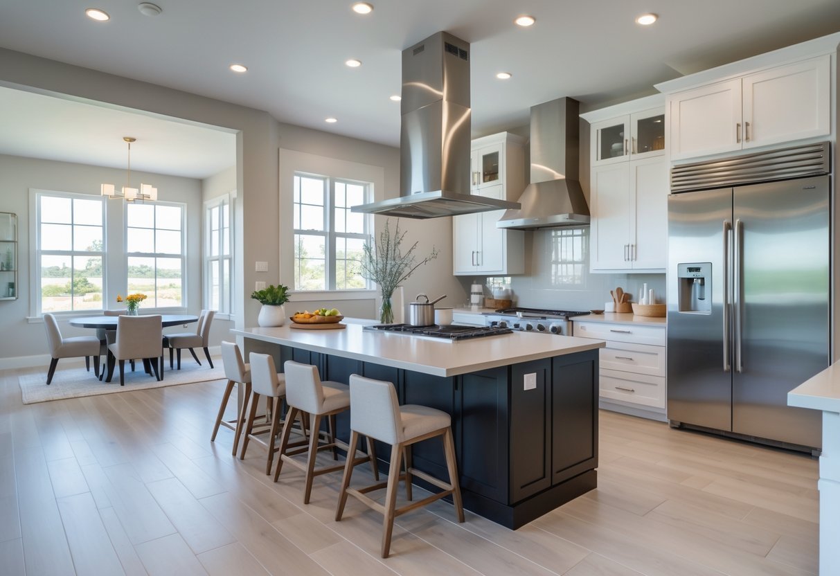 Cozinha americana moderna com ilha central, eletrodomésticos de aço inox e área de jantar integrada.