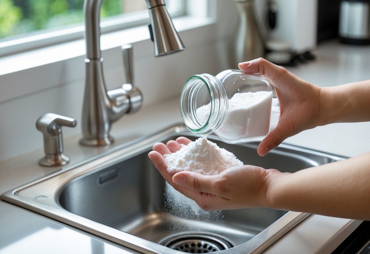 Mãos despejando bicarbonato de sódio no ralo da pia da cozinha, com uma garrafa de vinagre ao lado.