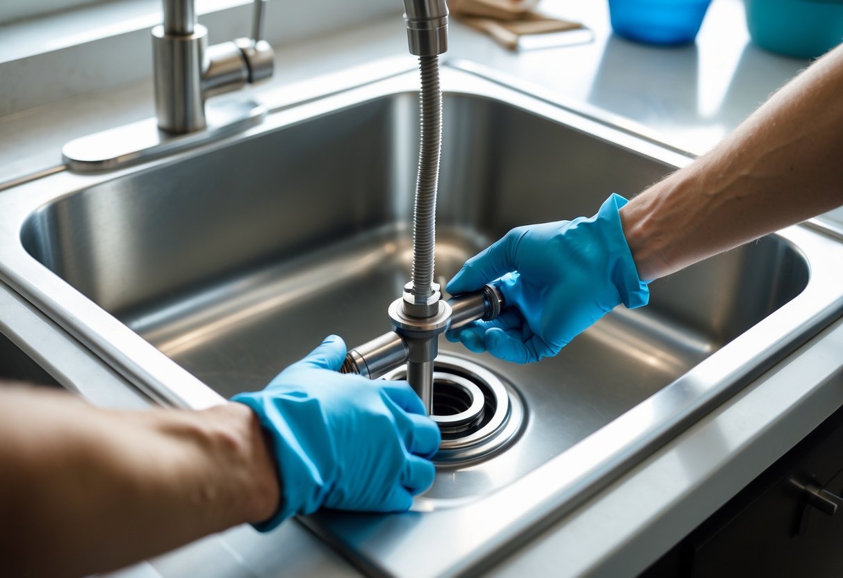 Pessoa removendo e limpando manualmente o sifão de uma pia de cozinha.