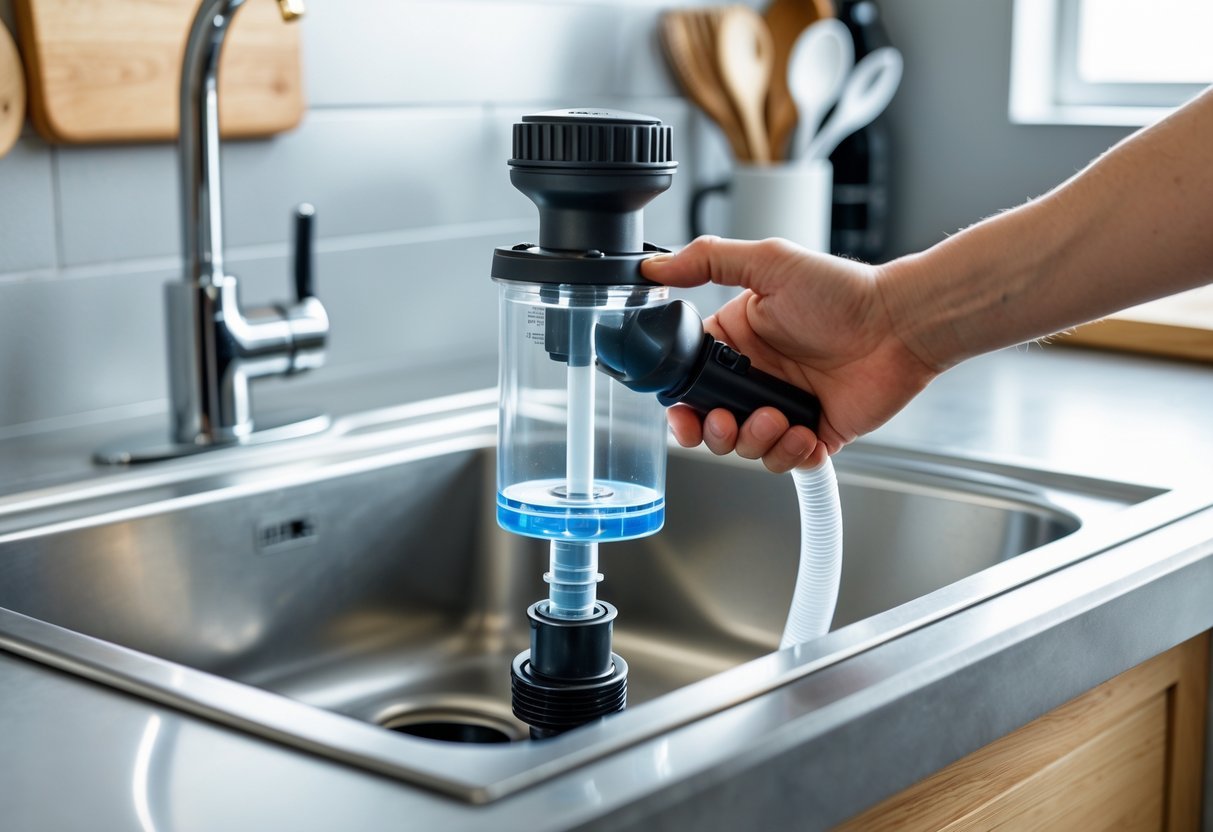 Pessoa usando uma bomba de vácuo para desentupir a pia da cozinha em um ambiente moderno.