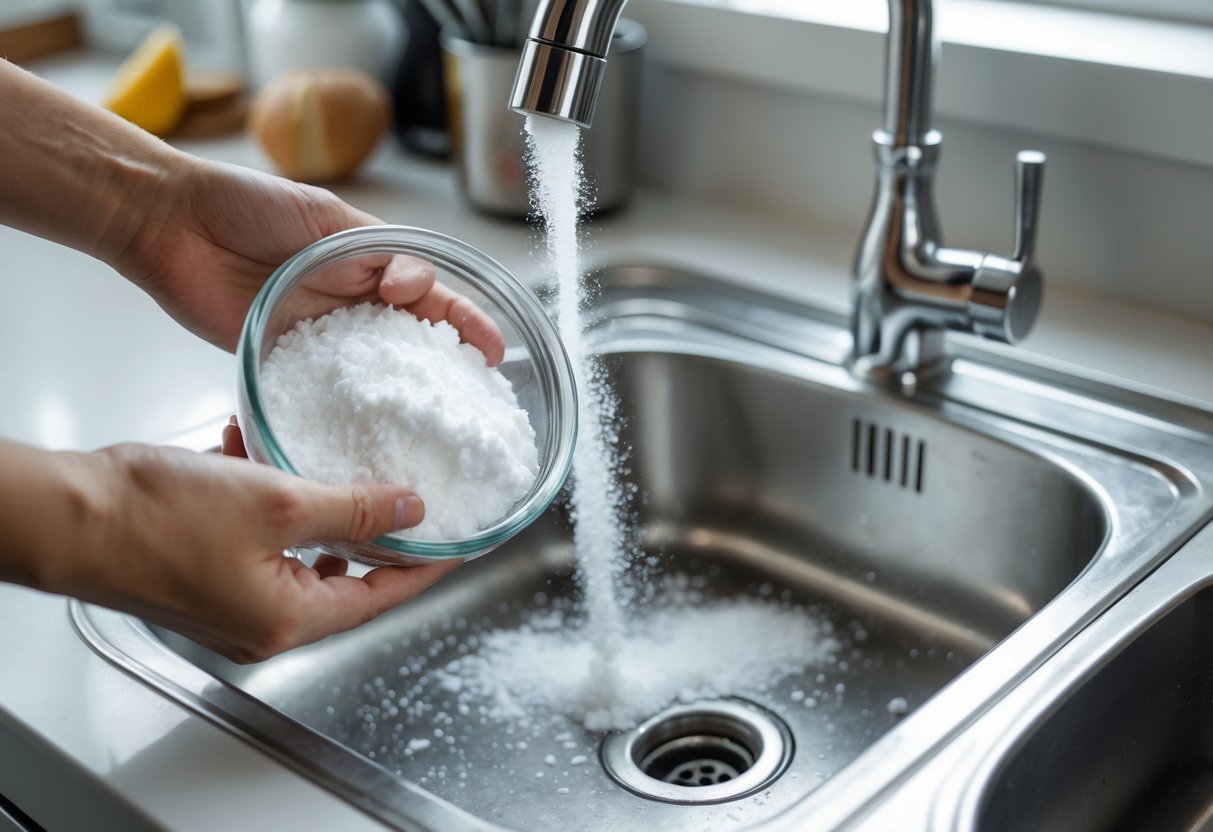 Mãos despejando sal e bicarbonato na pia de cozinha de aço inox para desentupir o ralo.