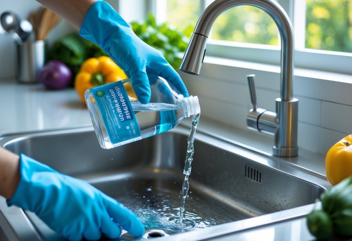 Pessoa usando luvas azuis despejando produto enzimático no ralo de uma pia de cozinha limpa e moderna.