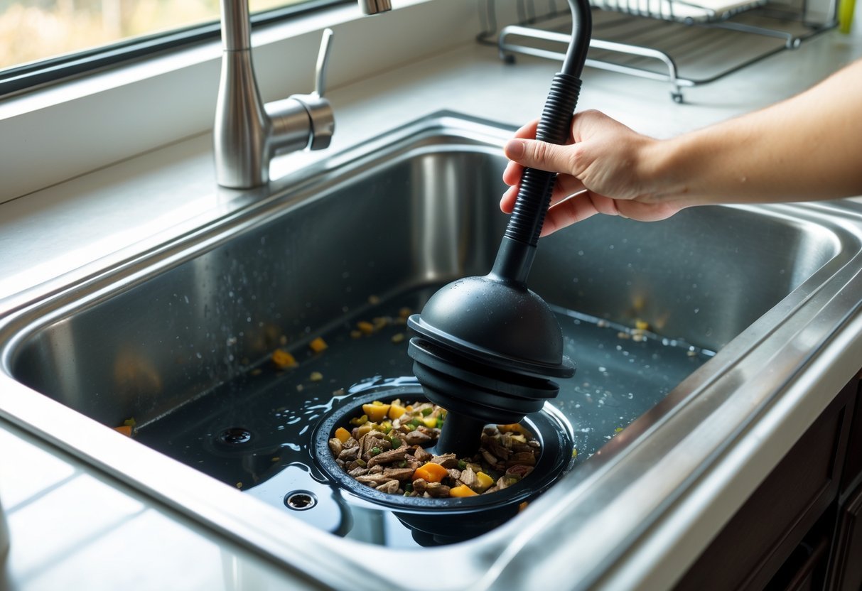 Pessoa usando um desentupidor para limpar a pia da cozinha entupida com água e restos de comida.