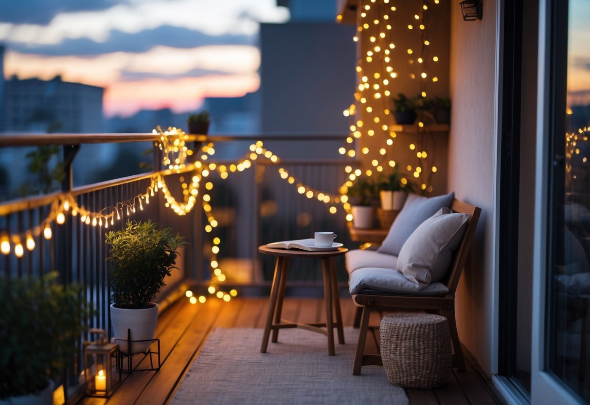 Varanda aconchegante com luzes de fada iluminando o espaço, cadeiras com almofadas, plantas em vasos e uma mesa pequena com um livro e uma xícara.
