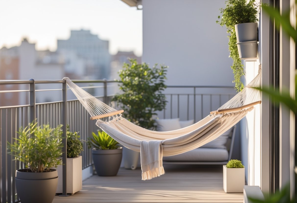 Varanda com rede instalada para descanso, plantas em vasos e almofadas, em ambiente tranquilo e iluminado pelo sol.