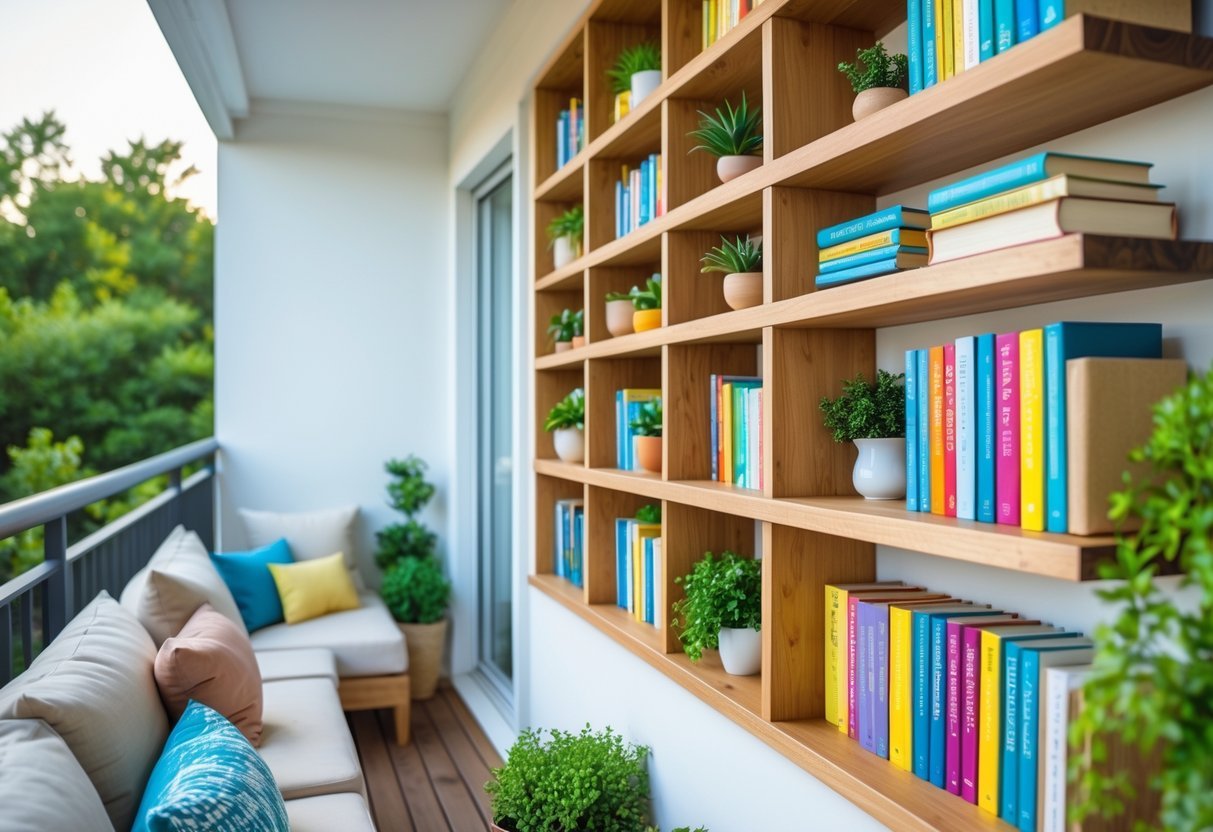 Varanda com prateleiras de madeira contendo livros, plantas e objetos decorativos, com assentos confortáveis e luz natural.