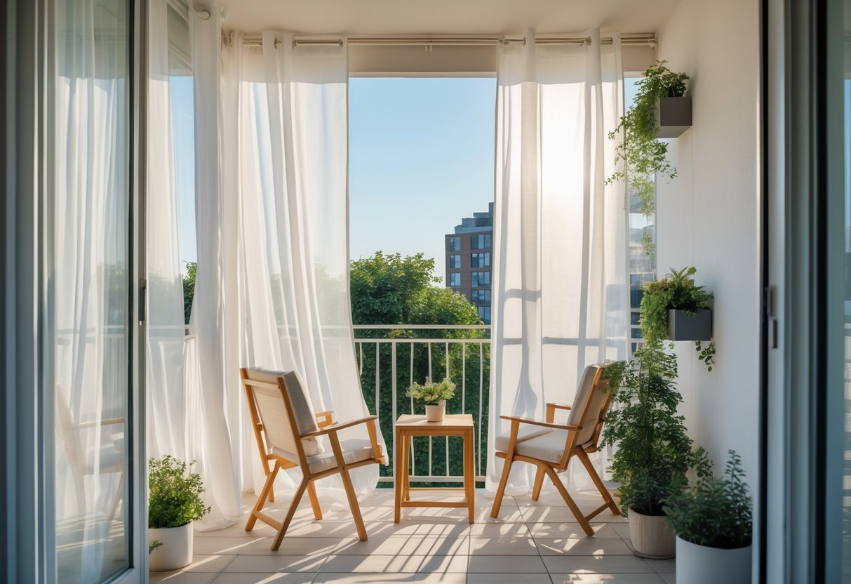 Varanda iluminada com cortinas leves esvoaçantes, móveis simples e plantas, criando um ambiente fresco e privado.