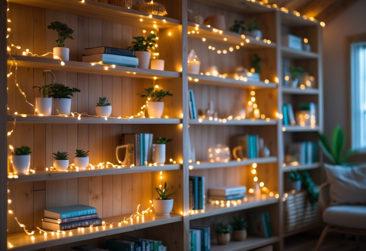 Prateleiras decoradas com luzes de fada que emitem um brilho suave, com livros e plantas em um ambiente aconchegante.