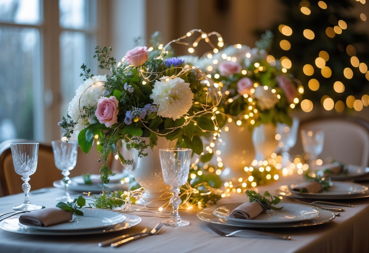 Mesa de jantar decorada com arranjos florais e fios de luz de fada iluminando suavemente as flores, criando um ambiente acolhedor.