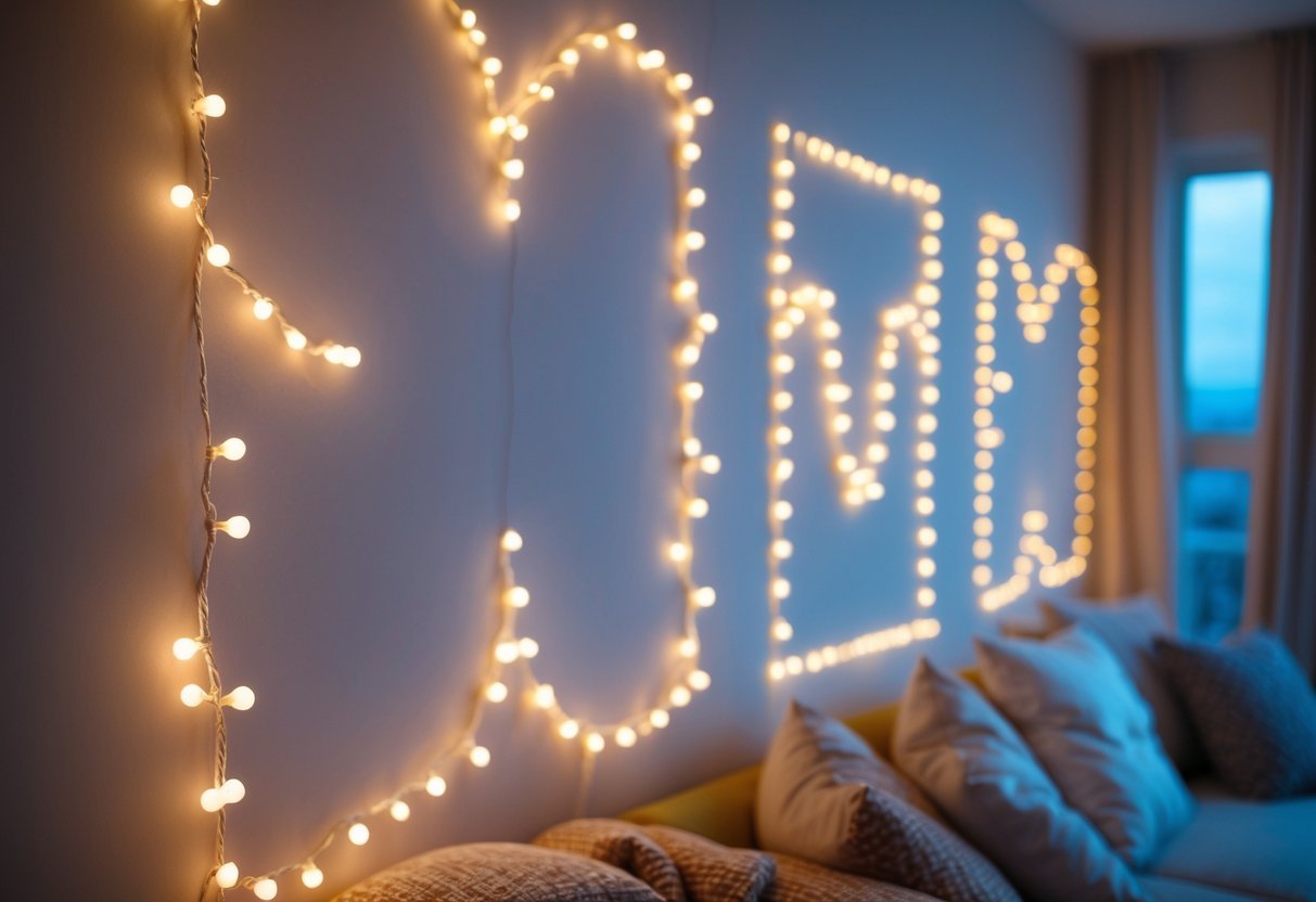 Ambiente interno aconchegante com luzes de fada formando padrões luminosos na parede, criando uma atmosfera mágica e acolhedora.